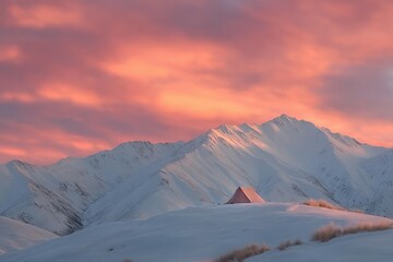 A serene snowy landscape featuring a small structure against a backdrop of majestic mountains and a vibrant, colorful sky at sunset