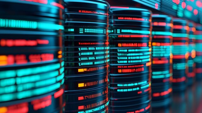 Futuristic Data Storage with Neon Lights and Digital Interfaces