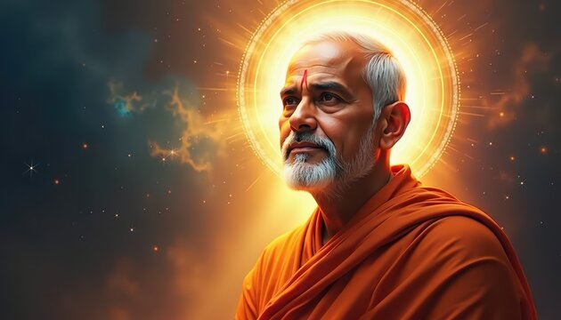 Portrait of Swami Vivekananda radiating light and wisdom with a heavenly glow symbolizing divine knowledge.