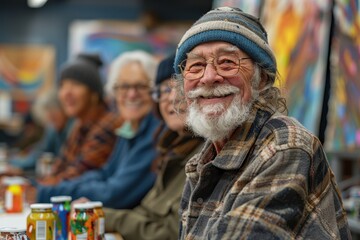 Fototapeta premium A cheerful elderly man in a beanie smiles warmly, surrounded by others in a colorful, artistic environment, embodying a sense of community and joy.