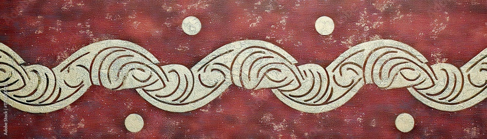 Poster intricate decorative design featuring wavy pattern and circular elements on a rustic red background 