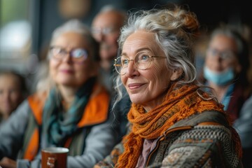 A thoughtful elderly woman with gray hair smiles, surrounded by a diverse audience enjoying a warm and engaging moment.