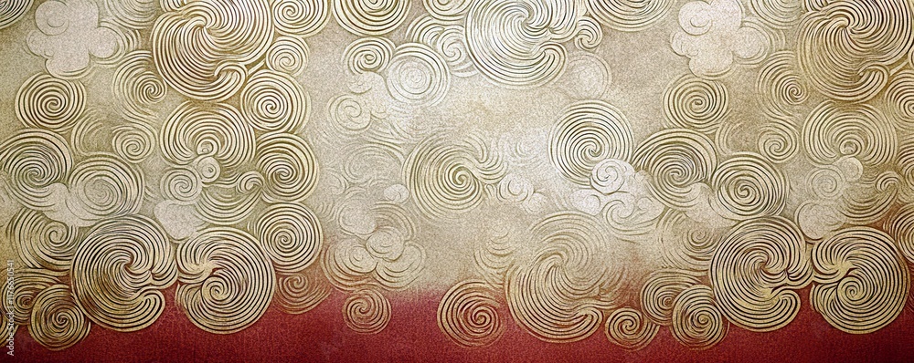 Poster elegant swirling patterns in gold and beige tones with a subtle red backdrop, creating an artistic a