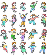元気に動く男の子と女の子の全身イラストセット