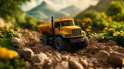 Construction vehicle adventure mountain path toy truck image nature scene close-up view playful exploration