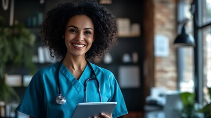 A cheerful woman doctor using a tablet for managing hospital workflow and clinic staff solutions, highlighting digital technology in healthcare.