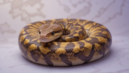 Obraz premium Ball Python - Python regius - A stunning ball python with beautiful brown, yellow, and black patterned scales is coiled up, looking directly at the camera. Its calm and serene expression is captivati