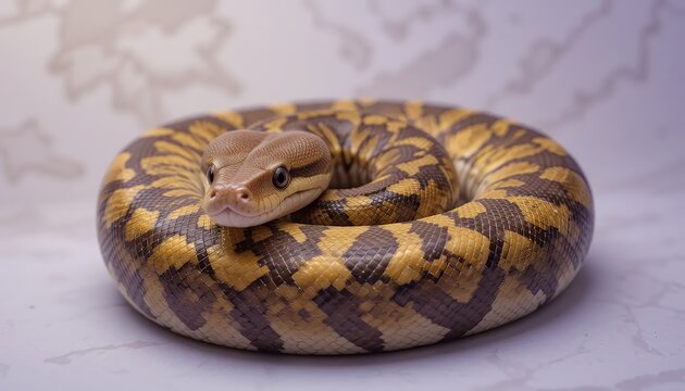 Ball Python - Python regius - A stunning ball python with beautiful brown, yellow, and black patterned scales is coiled up, looking directly at the camera.  Its calm and serene expression is captivati