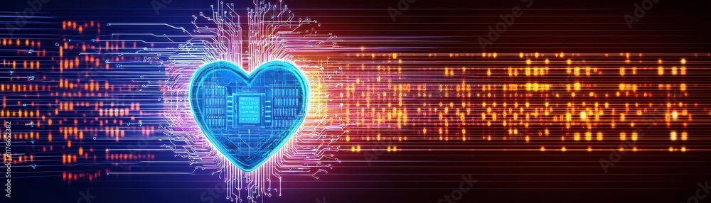 Poster futuristic heart design with circuit patterns and digital elements representing technology and innov