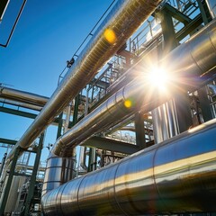 Bright Industrial Scene with Metallic Pipes and Structures Under Clear Blue Sky at Oil and Gas Facility Highlighting Modern Engineering and Technology
