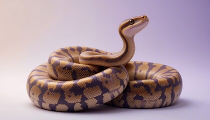 Obraz premium Ball Python - Python regius - A stunning ball python with intricate brown, tan, and yellow spotted patterns, coiled elegantly on a purple background, its captivating eyes looking directly at the camer
