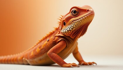 Obraz premium Bearded Dragon - Pogona vitticeps - A vibrant orange and red bearded dragon, showcasing its spiky scales and alert expression, looks directly at the camera. This captivating reptile portrait is set ag