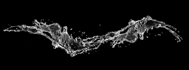 黒い背景にカーブした透明な波と水しぶきの3Dイラスト