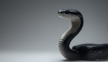 Fototapeta premium Black Racer Snake - *Coluber constrictor* - A striking black snake with a sleek, shiny body and white underbelly, isolated against a grey background. The snake is alert, looking directly at the camera