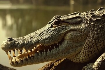 Obraz premium A close-up of a Nile crocodile basking on the riverbank with its mouth slightly open