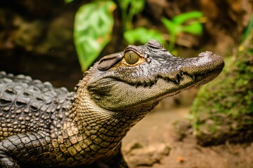 Fototapeta premium A close-up of a Nile crocodile basking on the riverbank with its mouth slightly open