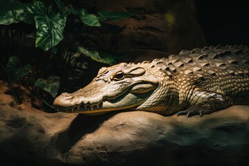 Fototapeta premium A close-up of a Nile crocodile basking on the riverbank with its mouth slightly open