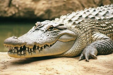 Obraz premium A close-up of a Nile crocodile basking on the riverbank with its mouth slightly open