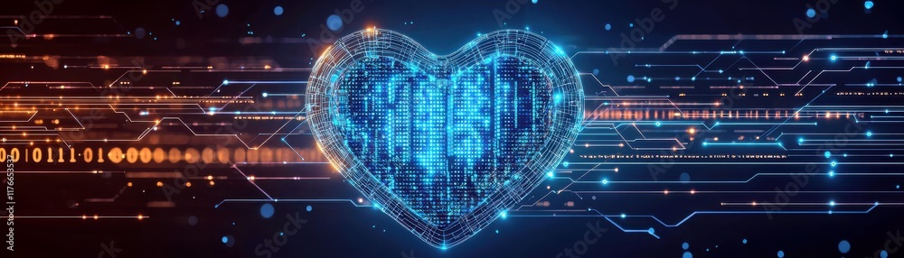 Poster digital heart with binary code and circuit background, representing technology, data, and innovation