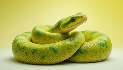Fototapeta premium Emerald Tree Boa - Corallus caninus - A vibrant green and yellow snake with intricate scales, coiled elegantly on a yellow background. Its captivating eyes meet the camera, showcasing its exotic beaut