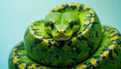 Fototapeta premium Emerald Tree Boa - Corallus caninus - A vibrant green snake with yellow and black markings, coiled and looking directly at the camera. Its scales are highly detailed, showing its exotic beauty. This