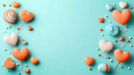 Colorful heart shaped decorations and balloons on turquoise background