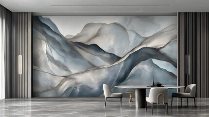 Elegant abstract mountain mural modern office space interior design minimalist environment aesthetic viewpoint