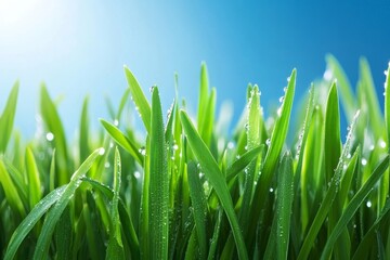 Obraz premium Dew-covered grass blades against a bright blue sky.