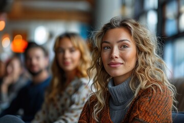 A group of people engaged in conversation, with a focus on a smiling woman in the foreground, showcasing warmth and connection in a cozy setting.