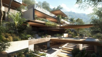 Obraz premium Modern hillside house, integrated landscaping, natural materials.