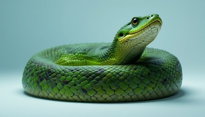 Obraz premium Green Snake - *Morelia viridis* - A vibrant green tree snake with smooth scales and large, captivating eyes, coiled elegantly and looking directly at the camera, isolated on a light teal background. T