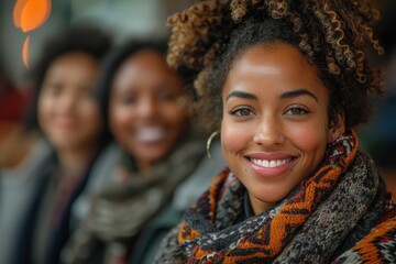 A smiling woman in a cozy scarf, with two friends blurred in the background, creates a warm and friendly atmosphere.