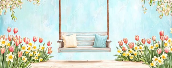 Springtime inspired relaxation. A serene swing surrounded by blooming tulips and daffodils against a soft blue background.