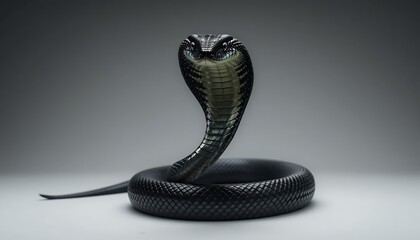 King Cobra - Ophiophagus hannah - A majestic black king cobra with a hooded neck, displaying its scales and intense gaze directly at the camera, isolated against a neutral grey background. The snake'