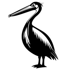 Fototapeta premium Black and White Pelican Silhouette Illustration, A bold black and white silhouette of a pelican with detailed feathers and distinct beak, showcasing a minimalist wildlife design.
