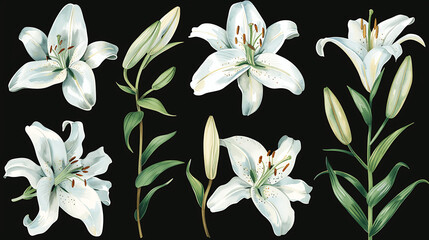 Set of watercolo white lily. Floral bouquet. Isolated on black background. Hand drawn clipart for wedding invitations, birthday stationery, greeting cards, scrapbooking. Watercolor illustration