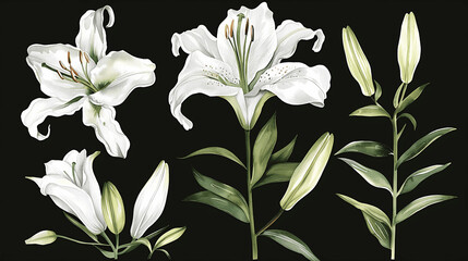 Set of watercolo white lily. Floral bouquet. Isolated on black background. Hand drawn clipart for wedding invitations, birthday stationery, greeting cards, scrapbooking. Watercolor illustration