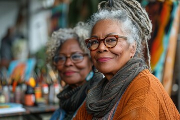 Obraz premium Two stylish older women with unique hairstyles and glasses smile warmly, exuding confidence and joy in a vibrant, artistic setting.