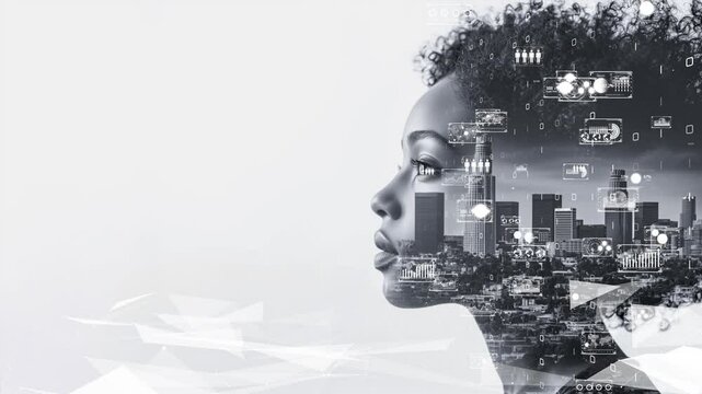 Side profile of a young woman blending with digital innovation