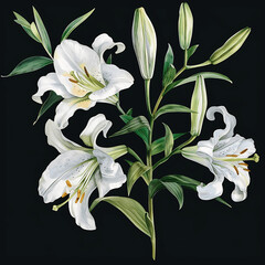 Fototapeta premium Set of watercolo white lily. Floral bouquet. Isolated on black background. Hand drawn clipart for wedding invitations, birthday stationery, greeting cards, scrapbooking. Watercolor illustration
