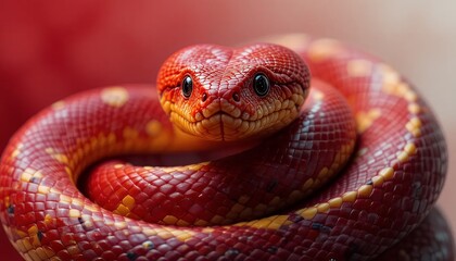 Fototapeta premium Red Snake - _Pseudoeryx plicatilis_ - A vibrant red snake with intricate scales, coiled in a defensive posture, its dark eyes fixated on the camera. The intense red color contrasts beautifully against