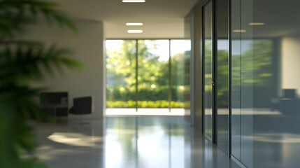 Blurred office interior with glass wall and door, bokeh light effect, high-quality photo taken with a telephoto lens, daylight business concept design


