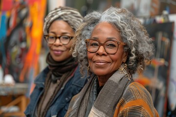 Fototapeta premium Two stylish women with natural gray hair and glasses pose in an artistic environment, showcasing confidence and creativity.