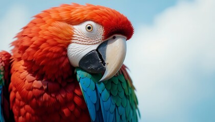 Obraz premium Scarlet Macaw - Ara macao - A vibrant red, blue, and green parrot with a large, hooked beak and striking yellow eyes. It is looking directly at the camera, showcasing its magnificent plumage and capti