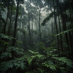 Obraz premium Imagine a dense, dark jungle shrouded in mist, with towering trees whose thick canopies block out most of the sunlight. 