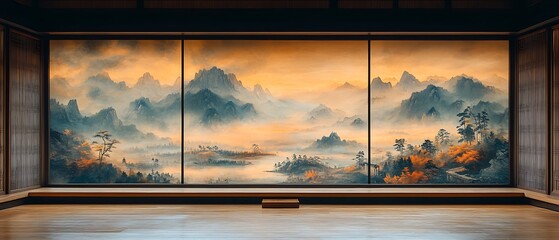 Serene landscape mural depicting mountains and misty valleys.