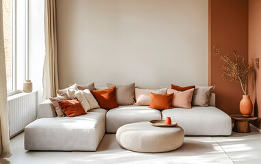 Minimalist, scandinavian home interior design of modern living room. Bright family room with modern beige sectional sofa, soft textiles, and large windows overlooking a serene landscape