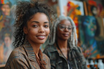 A smiling woman with curly hair poses in front of colorful artwork, accompanied by an older woman with gray hair, both exuding creativity and confidence.