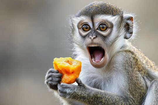 A close-up of a vervet monkey sitting in a tree, holding a piece of fruit.