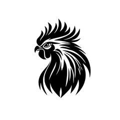 Rooster Silhouette in Black and White Illustration, A bold black and white illustration of a rooster with detailed feathers and a striking comb, symbolizing strength and tradition.

